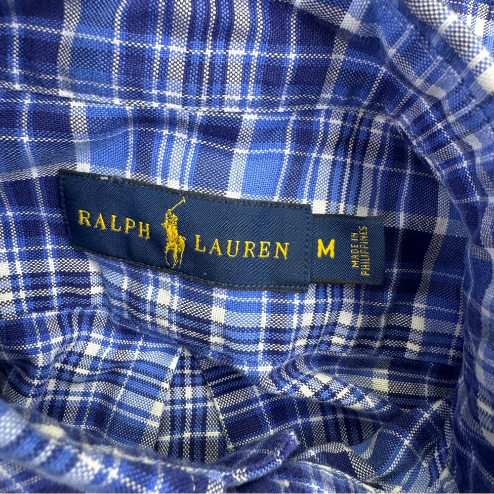 Ralph Lauren Button Down Shirt Men’s Size M Blue White Plaid Flesh Pony - Picture 13 of 16